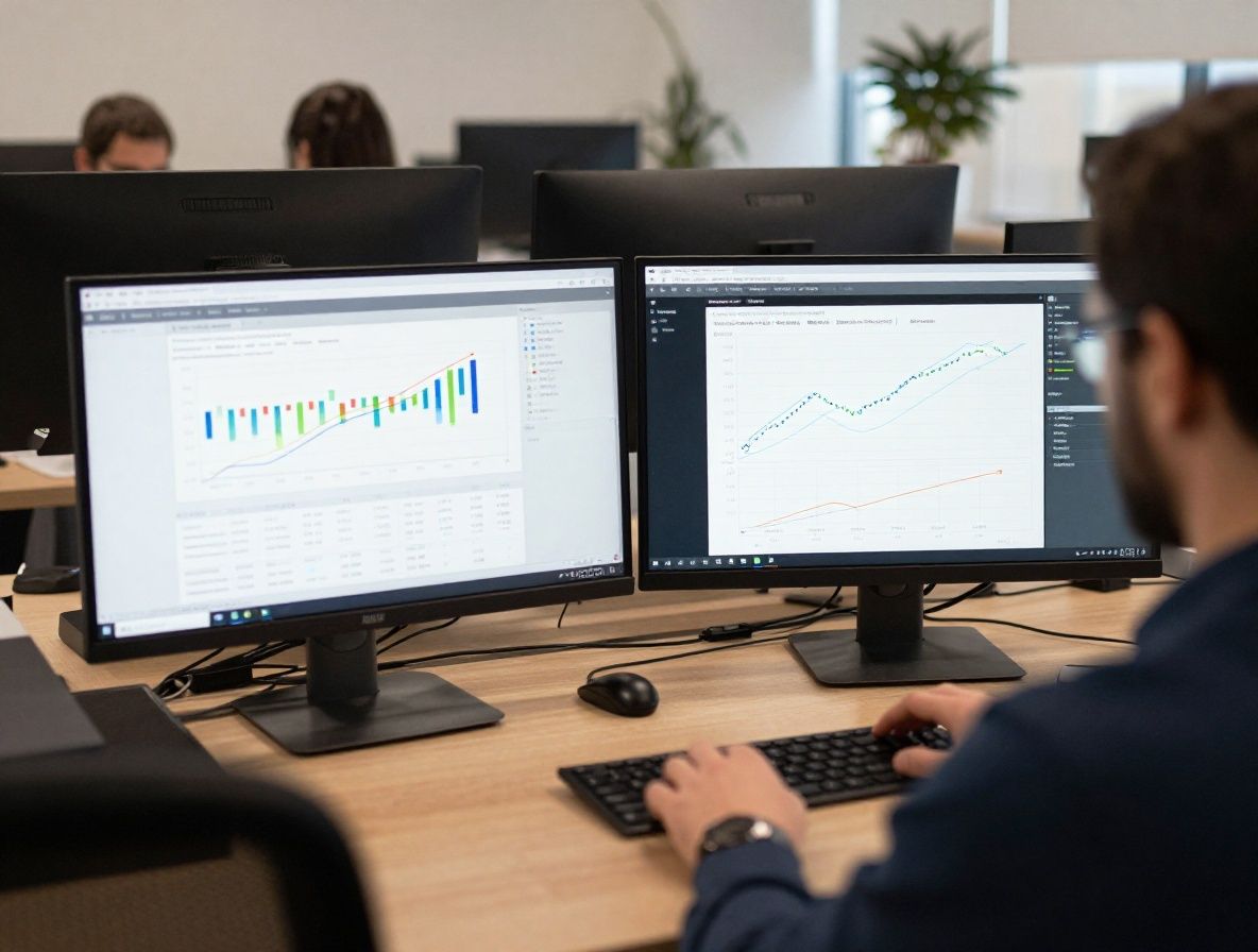 Аналитик данных за двумя мониторами с графиками и дашбордами искусственного интеллекта в современном офисе с тёмным интерьером