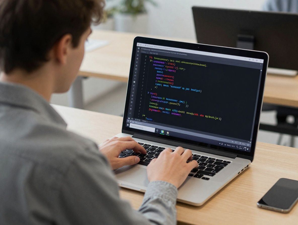 Молодой специалист по машинному обучению работает за ноутбуком в современном коворкинге, на экране код Python и графики модели