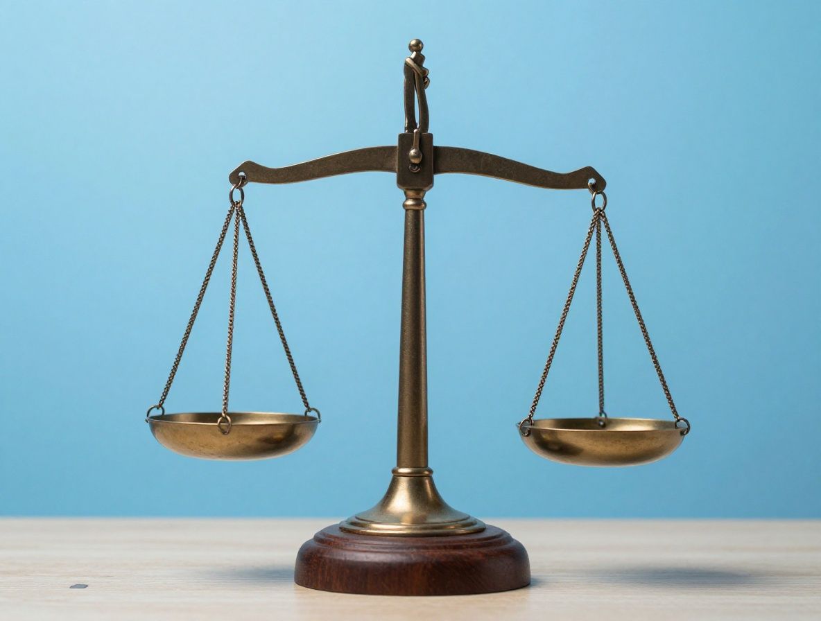 Символическое изображение весов правосудия рядом с чипом искусственного интеллекта, освещение синее и нейтральное, концепция этики ИИ