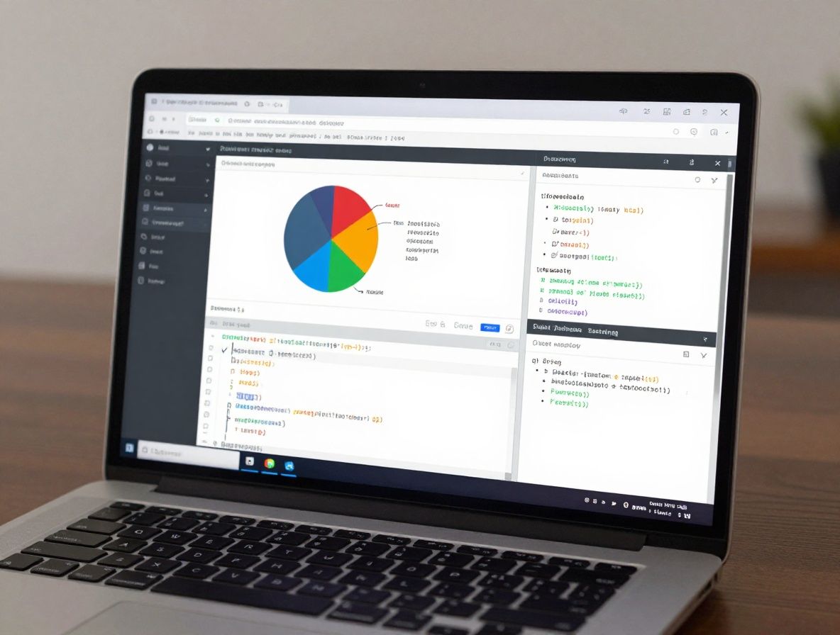 Экран ноутбука с открытым интегрированным инструментом разработки ML, несколько окон с кодом Python и визуализацией данных, профессиональная рабочая среда