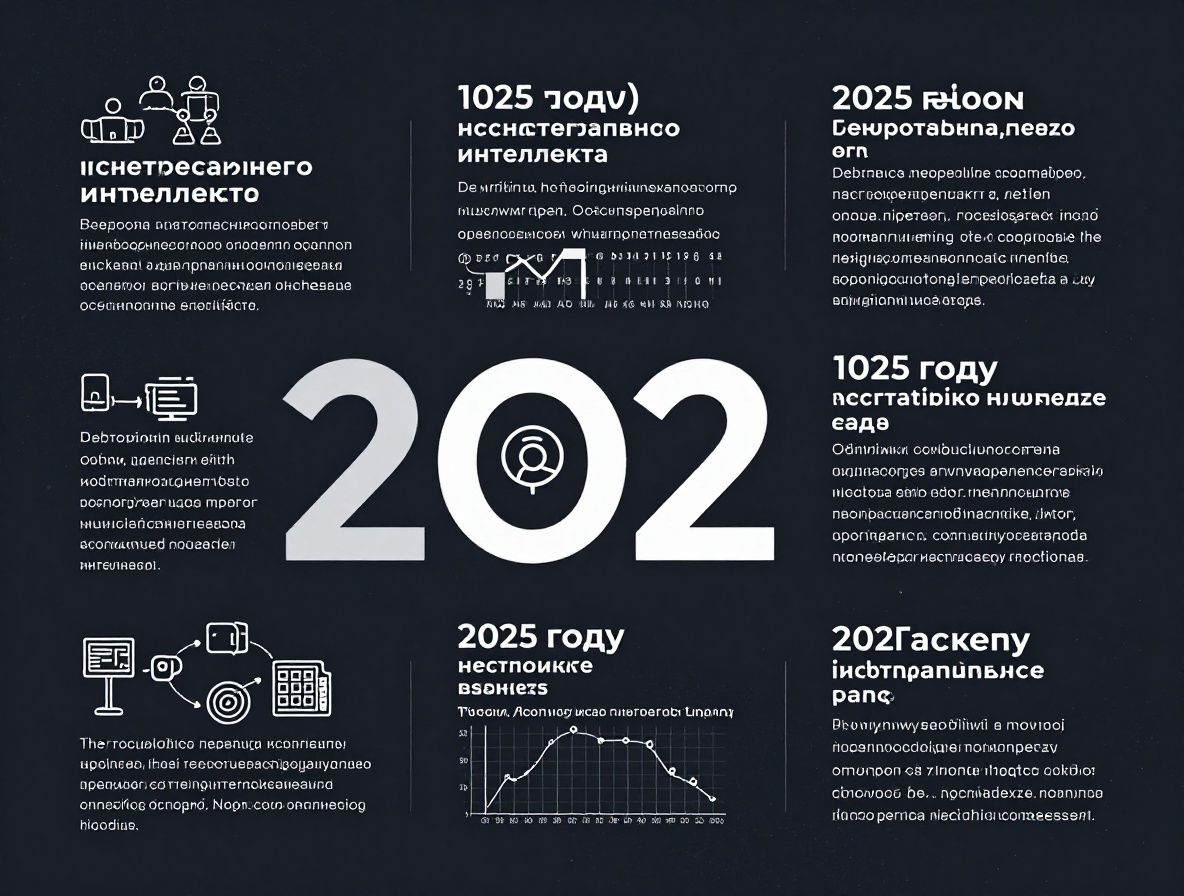 Инфографика с трендами искусственного интеллекта в 2025 году: графики роста, иконки нейросетей на тёмном технологичном фоне