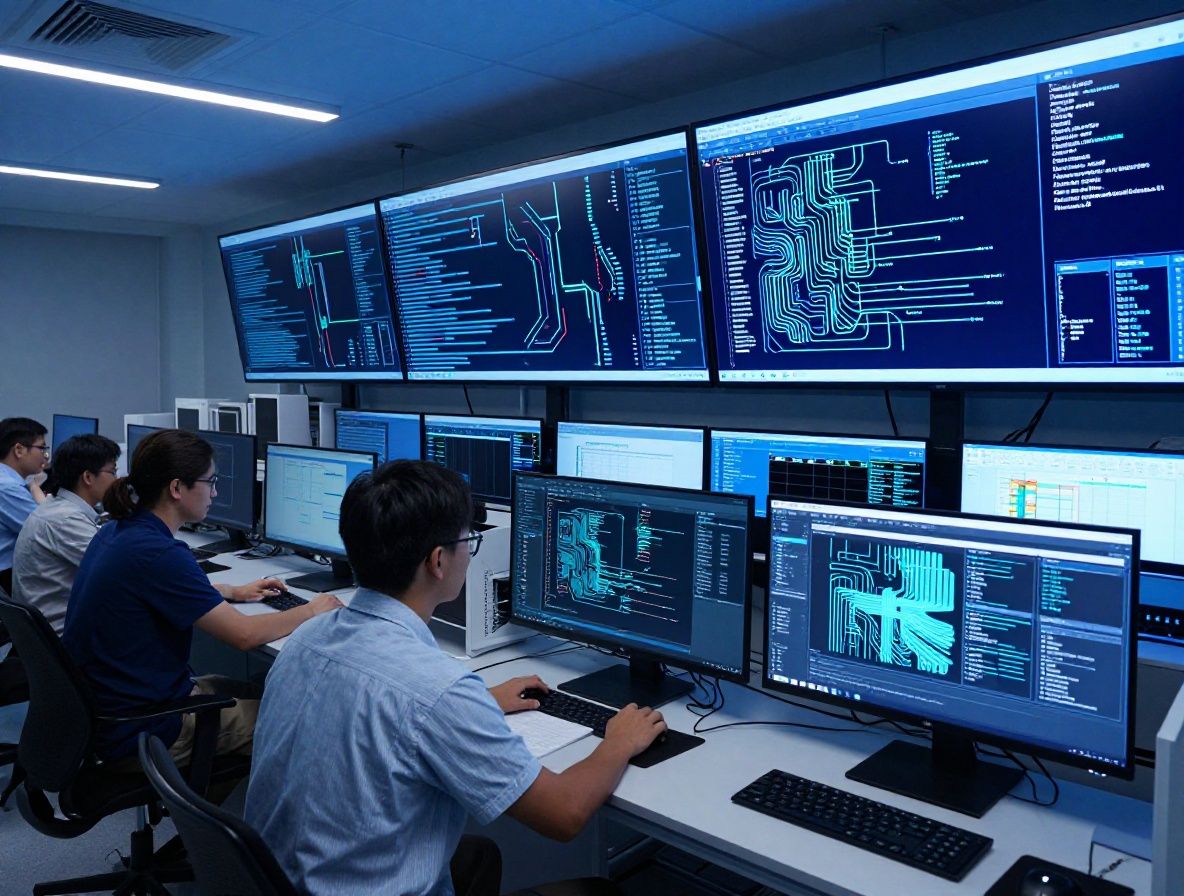 Современная лаборатория искусственного интеллекта с большими мониторами, отображающими нейронные сети и графики машинного обучения, синяя подсветка