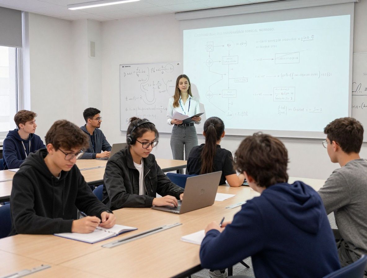 Студенты на занятии по основам искусственного интеллекта, доска с формулами нейронных сетей и математическими уравнениями на белом фоне яркого учебного класса