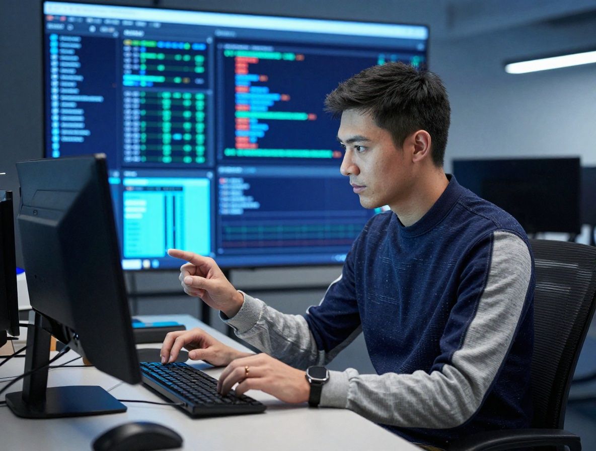 Инженер машинного обучения исследует визуализацию обучения модели на большом экране, кластеры данных и матрица точности в тёмной лаборатории с синим освещением