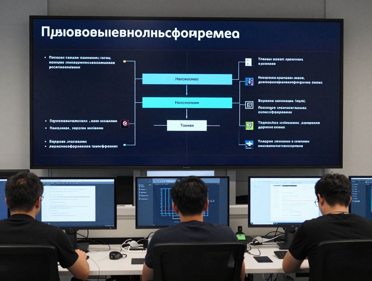 Визуализация процесса работы языковой модели: токены, векторы внимания и слои трансформера на тёмном экране в современной AI-лаборатории