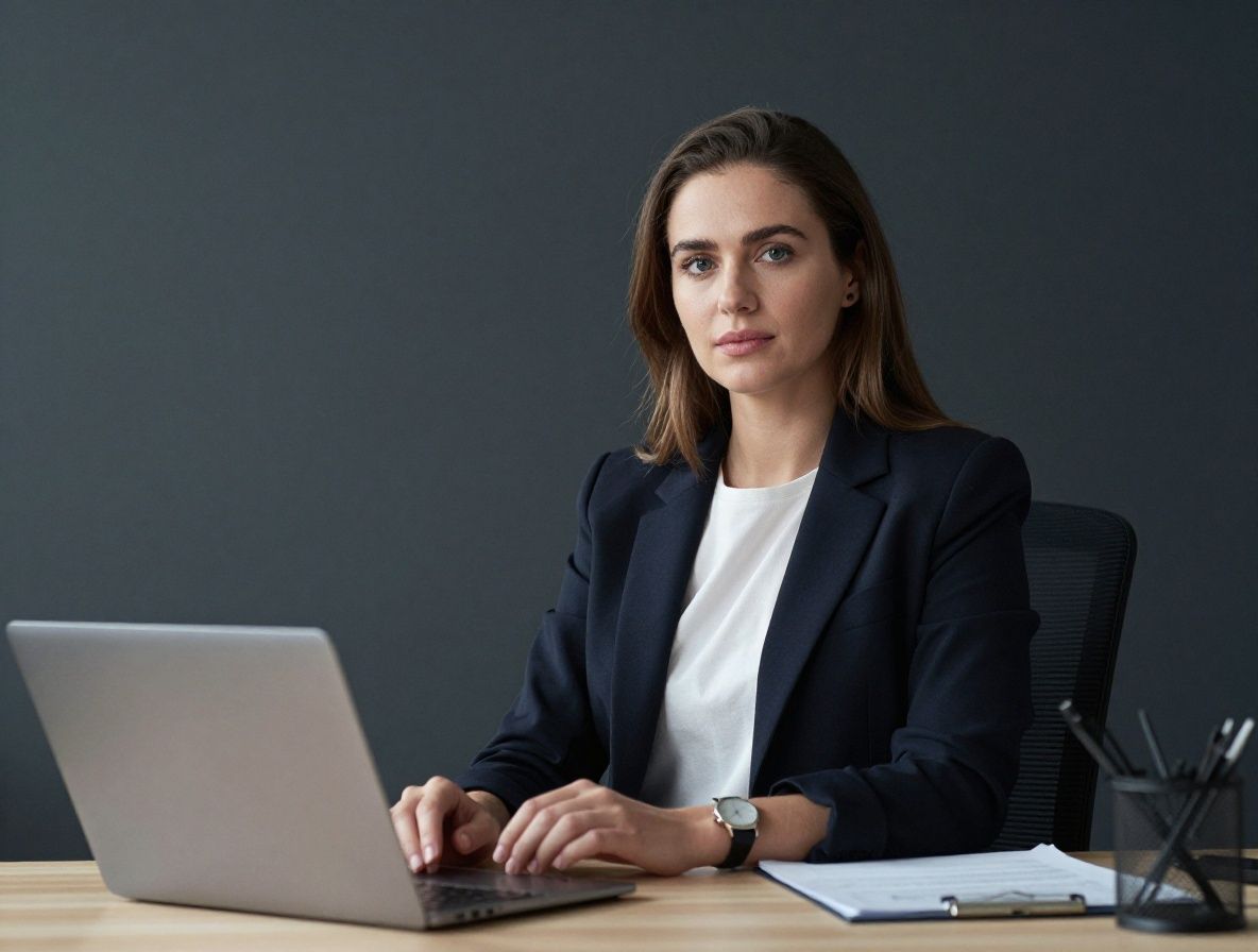 Молодая женщина-аналитик данных в деловом стиле, тёмный фон, профессиональный портрет в офисе с технологическим оборудованием