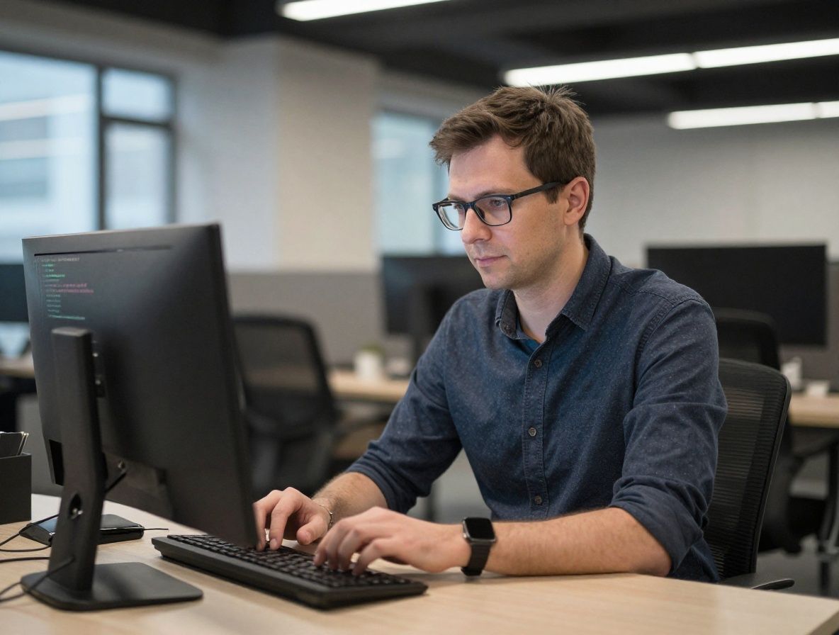 Мужчина-программист средних лет в очках за компьютером с кодом, профессиональный портрет, современный технологический офис