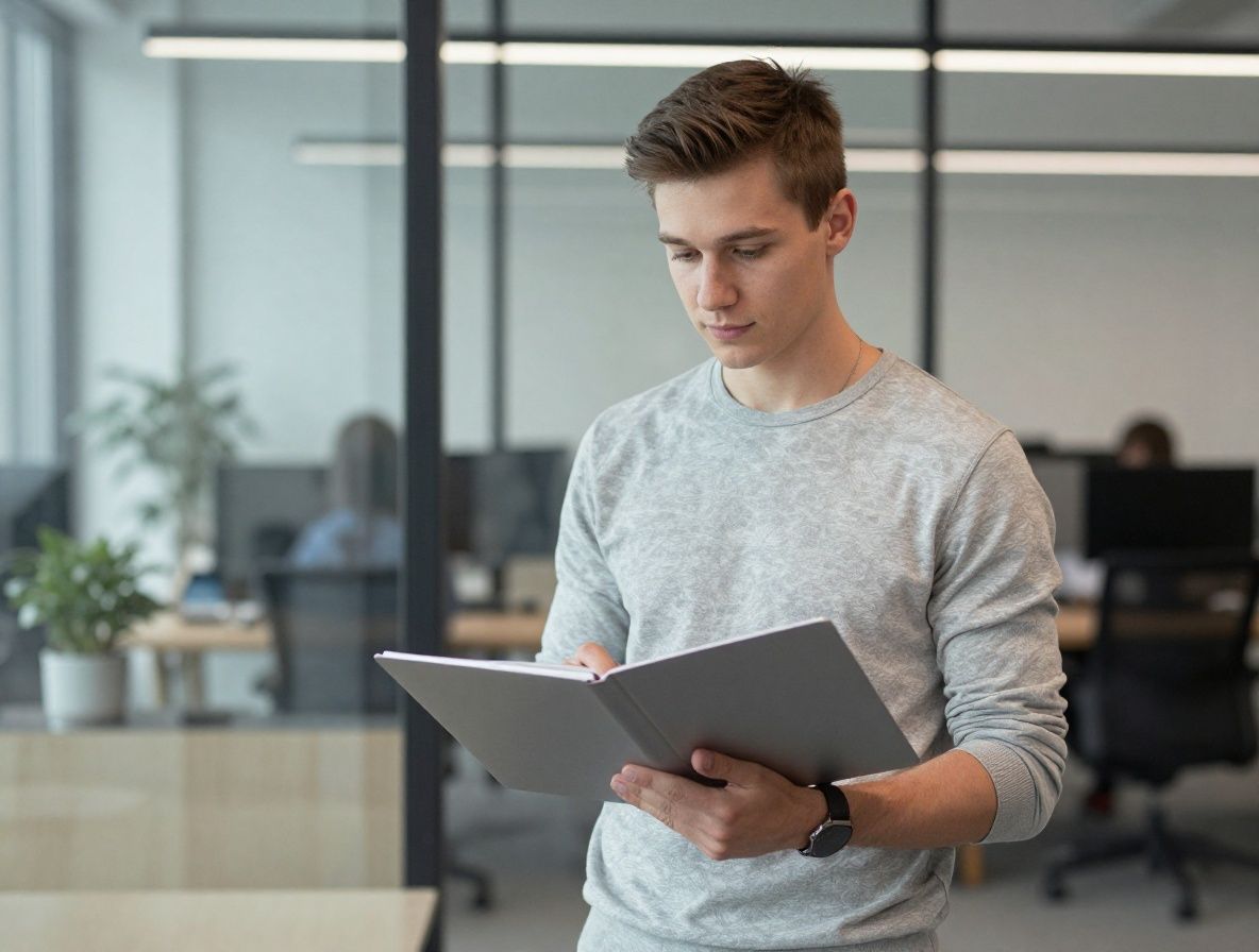 Молодой мужчина в casual-стиле с ноутбуком в современном коворкинге, фото на фоне стеклянных стен с открытым пространством